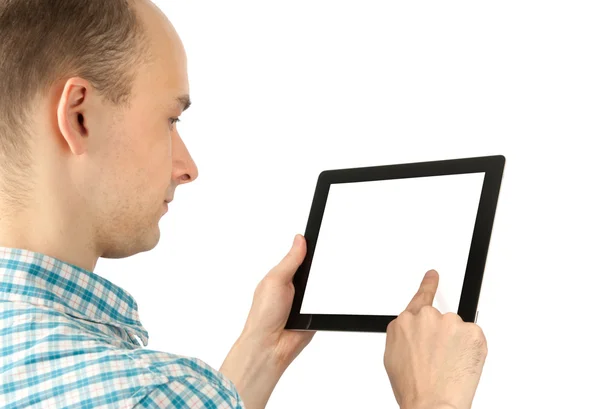 Человек с помощью планшетного компьютера с белым чистым экраном — стоковое фото