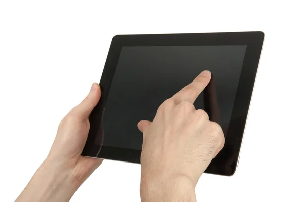 Hände halten und auf digitales Tablet zeigen — Stockfoto
