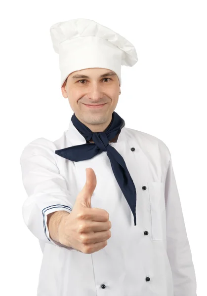 Chef sonriente mostrando el pulgar hacia arriba — Foto de Stock