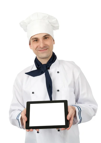 Chef mostrando um tablet pc com tela em branco — Fotografia de Stock