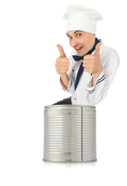 Divertido chef sale de una lata de lata —  Fotos de Stock
