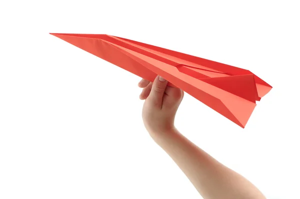 Χέρι του παιδιού, εκτόξευση αεροπλάνο χαρτί — Φωτογραφία Αρχείου