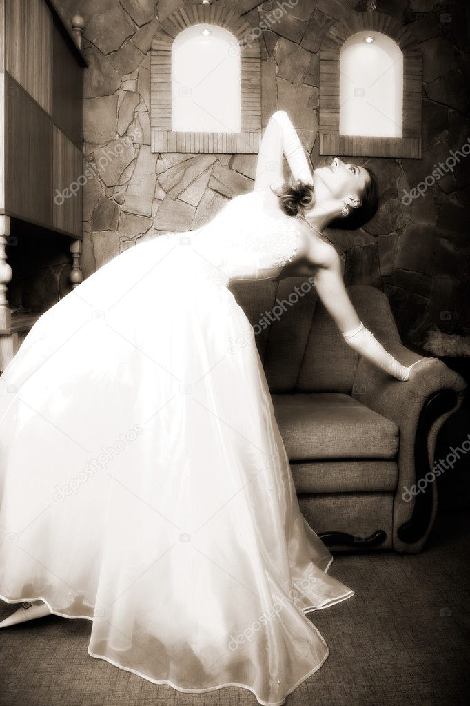 Beautiful Sexy Blonde Bride Posing Wedding Dress White Room Stock