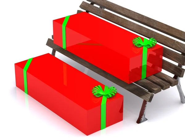 Present boxes on bench — Stock Photo, Image