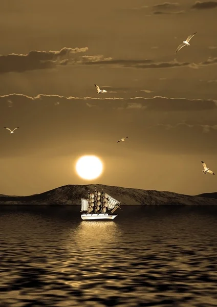 Segelfartyg mot kommande solen — Stockfoto