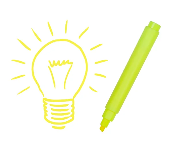Glödlampan som målas gul markör. — Stockfoto