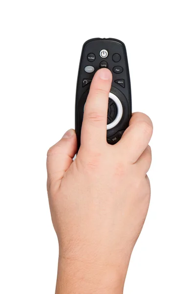 Hand som håller TV-fjärrkontrollen isolerade över vita. — Stockfoto