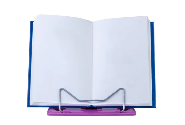 Open boek met lege pagina's op stand geïsoleerd. — Stockfoto
