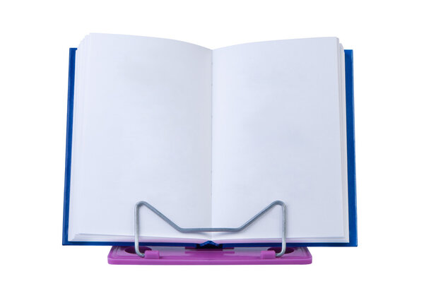 Open book with blank pages on stand isolated.