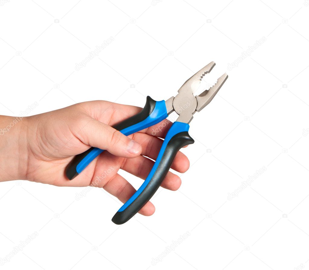 Pliers in hand isolated on white background.