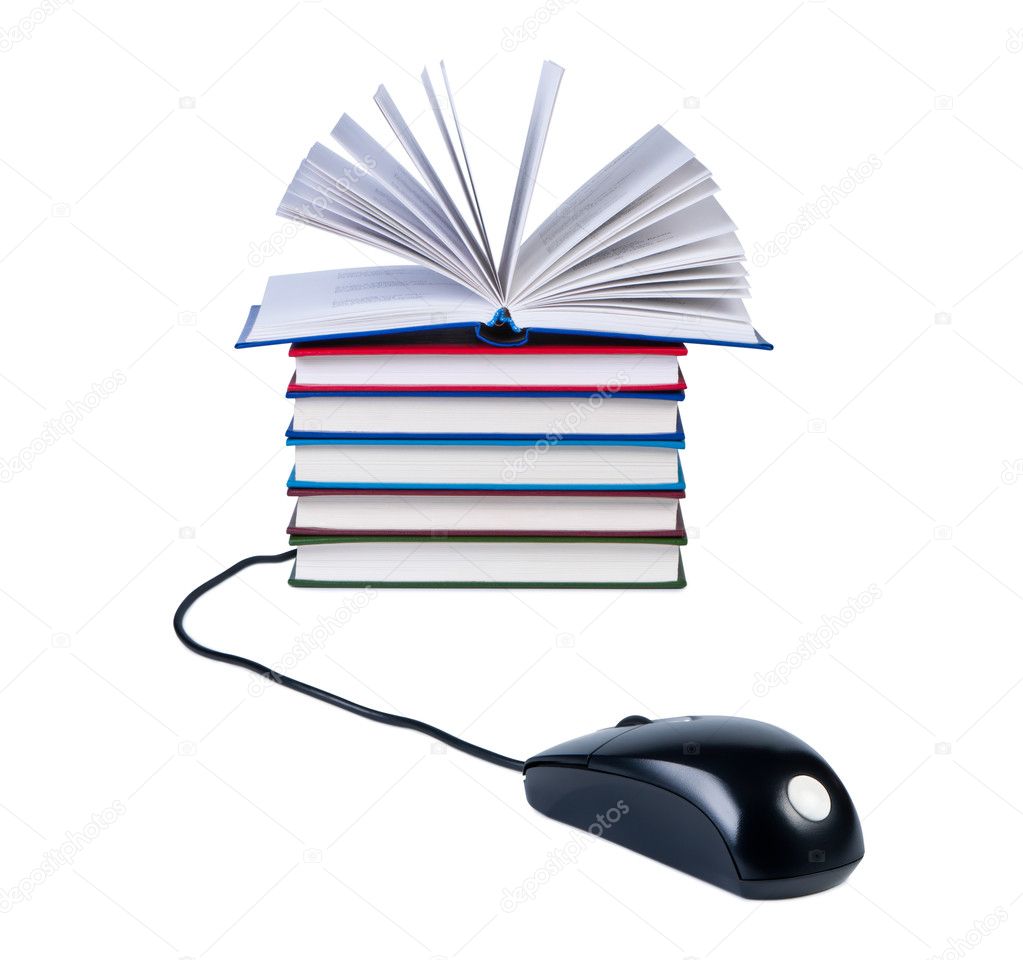 Computer mouse and stack of books isolated on white background.