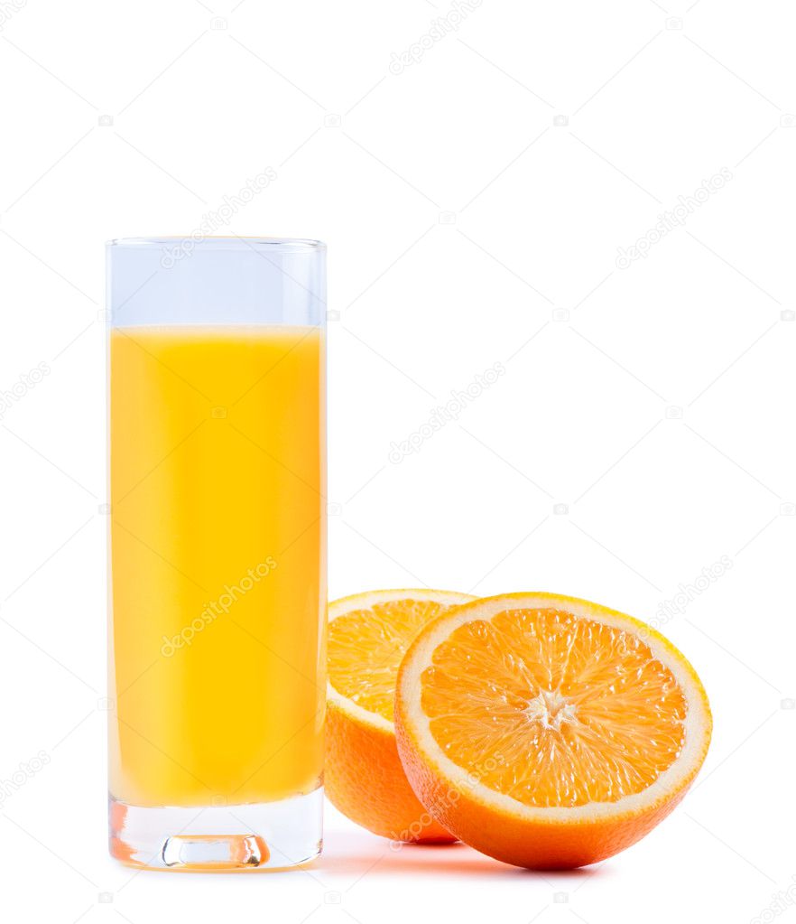 Orange juice in tall glass on white background.