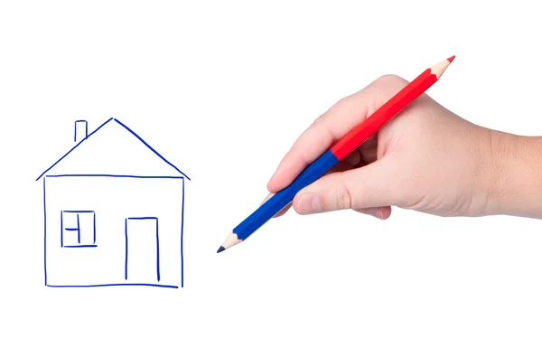 Hand with pencil drawing house. — Stock Photo, Image