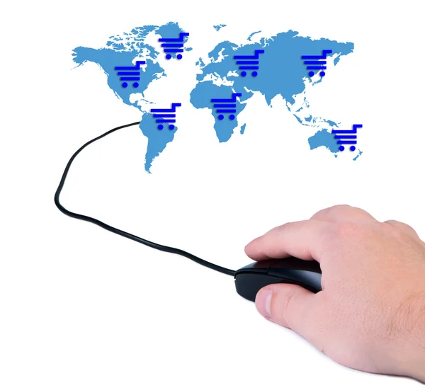 Hand with computer mouse and map of the world. — Stock Photo, Image