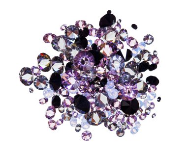 Many small purple diamond (jewel) stones heap isolated on white clipart