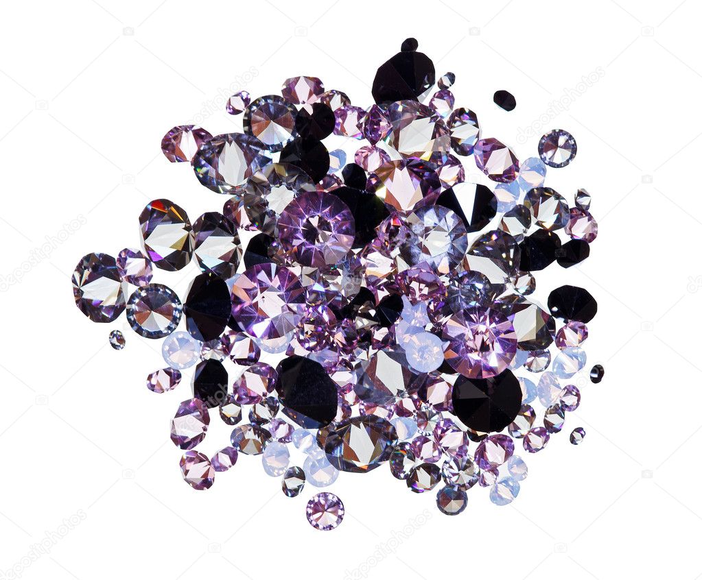 Many small purple diamond (jewel) stones heap isolated on white