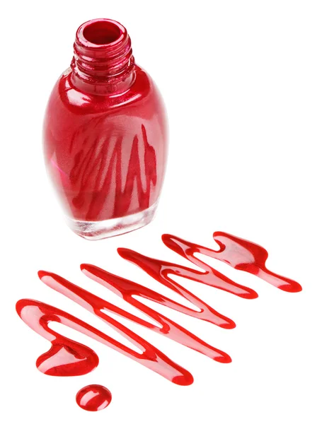 Flaska rött nagellack med emalj droppe prover, isolerad på — Stockfoto