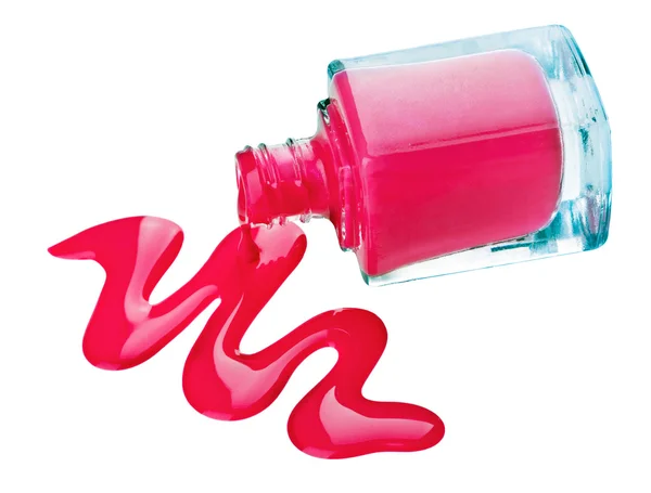 Botella de esmalte de uñas rosa con muestras de gota de esmalte, aislado en —  Fotos de Stock