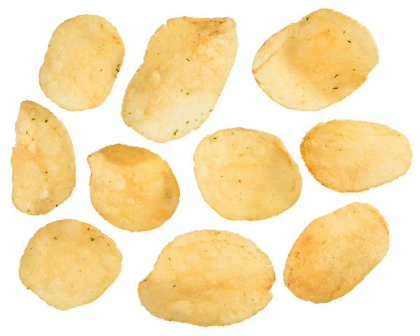 Potato chips isolated on white, closeup view — Stock Photo, Image