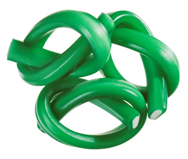 Conjunto de cuerda de caramelo gomoso verde (regaliz), aislado en primer plano blanco — Foto de Stock