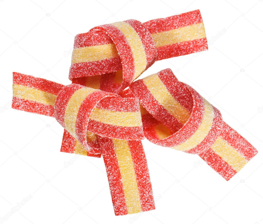 Red and yellow gummy candy (licorice) band, isolated on white cl