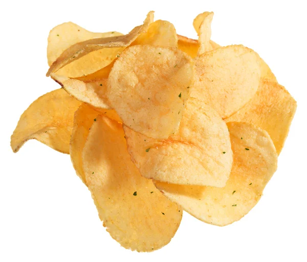 Potato chips heap isolated on white, closeup view — Stock Photo, Image