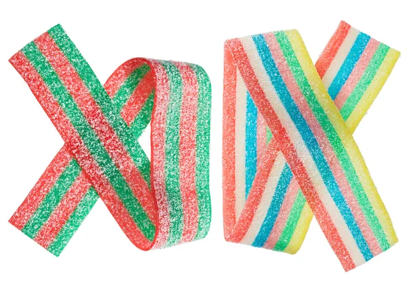 Bande multicolore de bonbons gommeux (réglisse), isolée sur closeu blanc — Photo