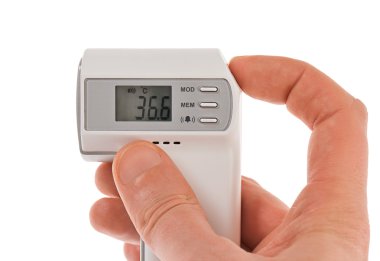 beyaz izole el ile modern Kızıl-dijital termometre