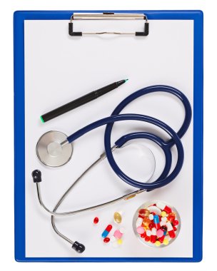 Blue medical clipboard with stethoscope and pills isolated on wh clipart