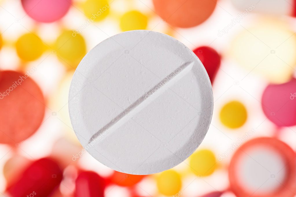 One Big Tablet Pill Macro View On Blurred Multicolored Drugs B Stock Photo Image By C Mrhamster