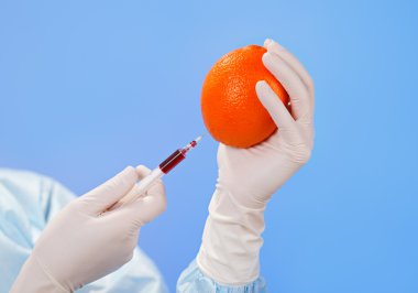 Doctor's hands injecting orange fruit with syringe on blue clipart