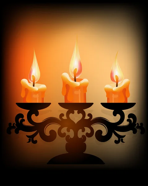 Drie brandende kaarsen op donkere achtergrond — Stockvector