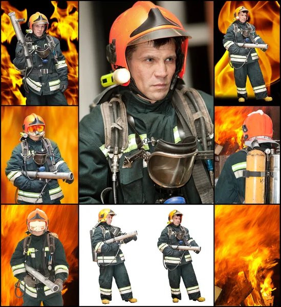 De brandweerman in regimentals tegen brand — Stockfoto