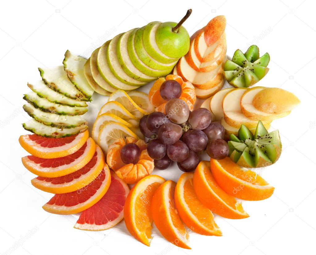 Orange, kiwi, grapes, apple, pear