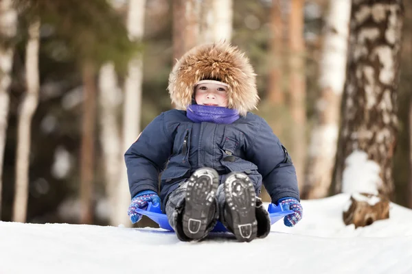 Child sled on snow hill Stock Image