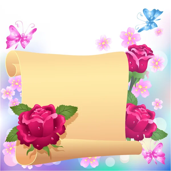 Pergamino laminado y rosas — Vector de stock