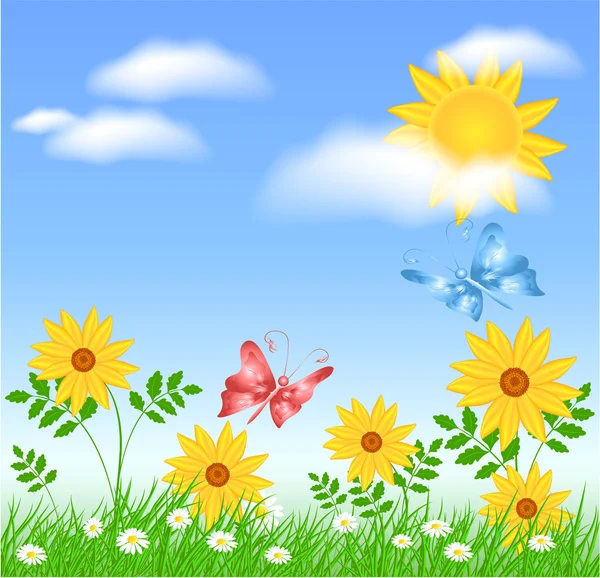 Fleurs de prairie et soleil — Image vectorielle