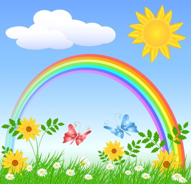 Flowers with green grass and rainbow clipart