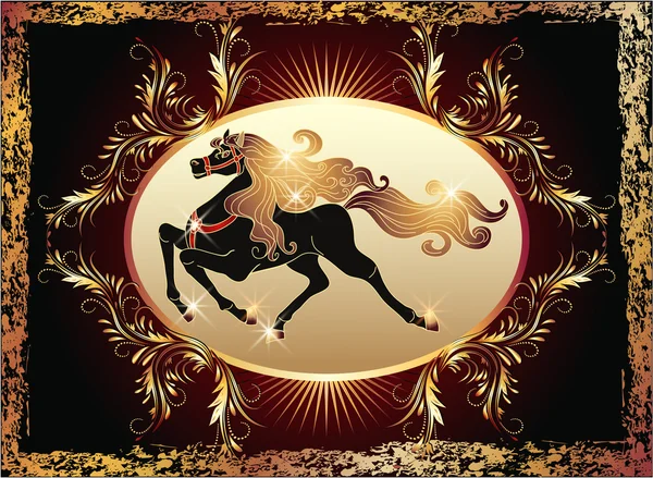 Скачущая лошадь и роскошный орнамент — стоковый вектор