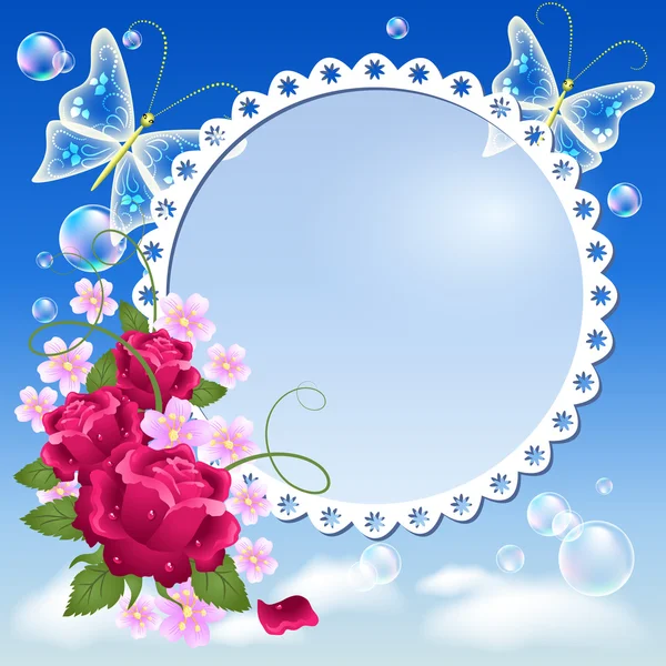 Flowers, butterflies in the sky and photo frame — Stock vektor