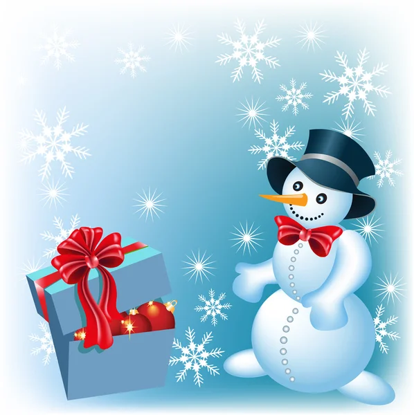 Снеговик и коробка подарков — стоковый вектор
