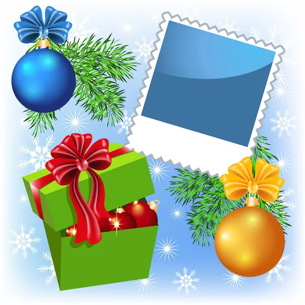 Cadre photo avec boîte cadeau et boules de Noël — Image vectorielle