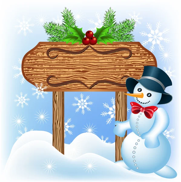 Panneau en bois avec bonhomme de neige — Image vectorielle