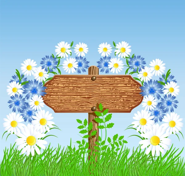Signboard on the meadow with flowers — Stock Vector