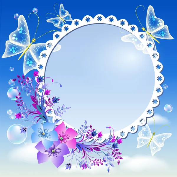 Flowers, butterflies in the sky and photo frame — Stock Vector