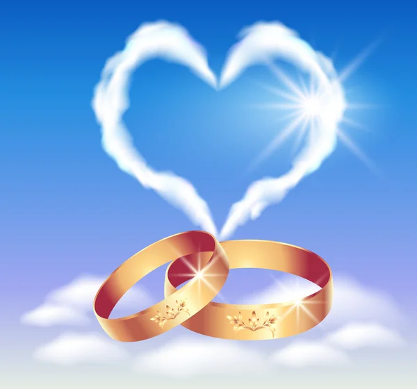 Cartão com anéis de casamento e coração — Vetor de Stock