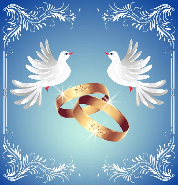 Anéis de casamento e duas pombas —  Vetores de Stock