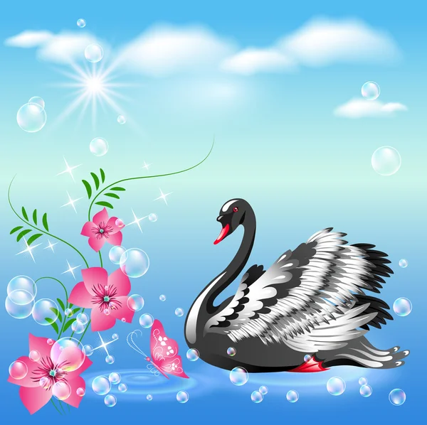Cisne y flores — Vector de stock