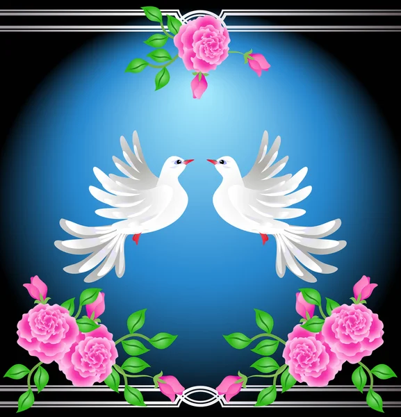 Dvě holubice a růže — Stockový vektor