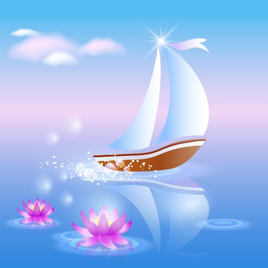 Sailing boat and violet lilies clipart